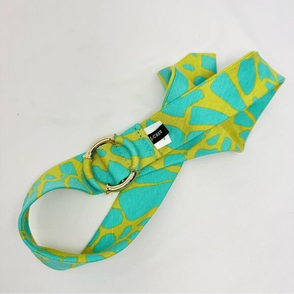 J. Crew Teal Lime Linen Abstract Print Gold Tone Buckle  Adjustable Fabric Belt - Picture 10 of 12